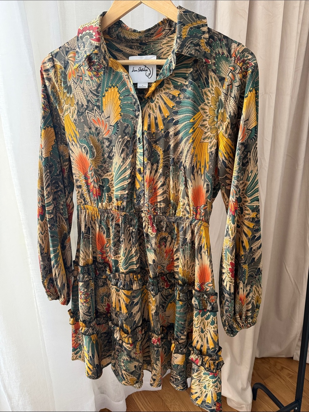 Sam Edelman Long-Sleeve Tiered Dress in Mustard, Teal & Rust - Picture 3 of 8